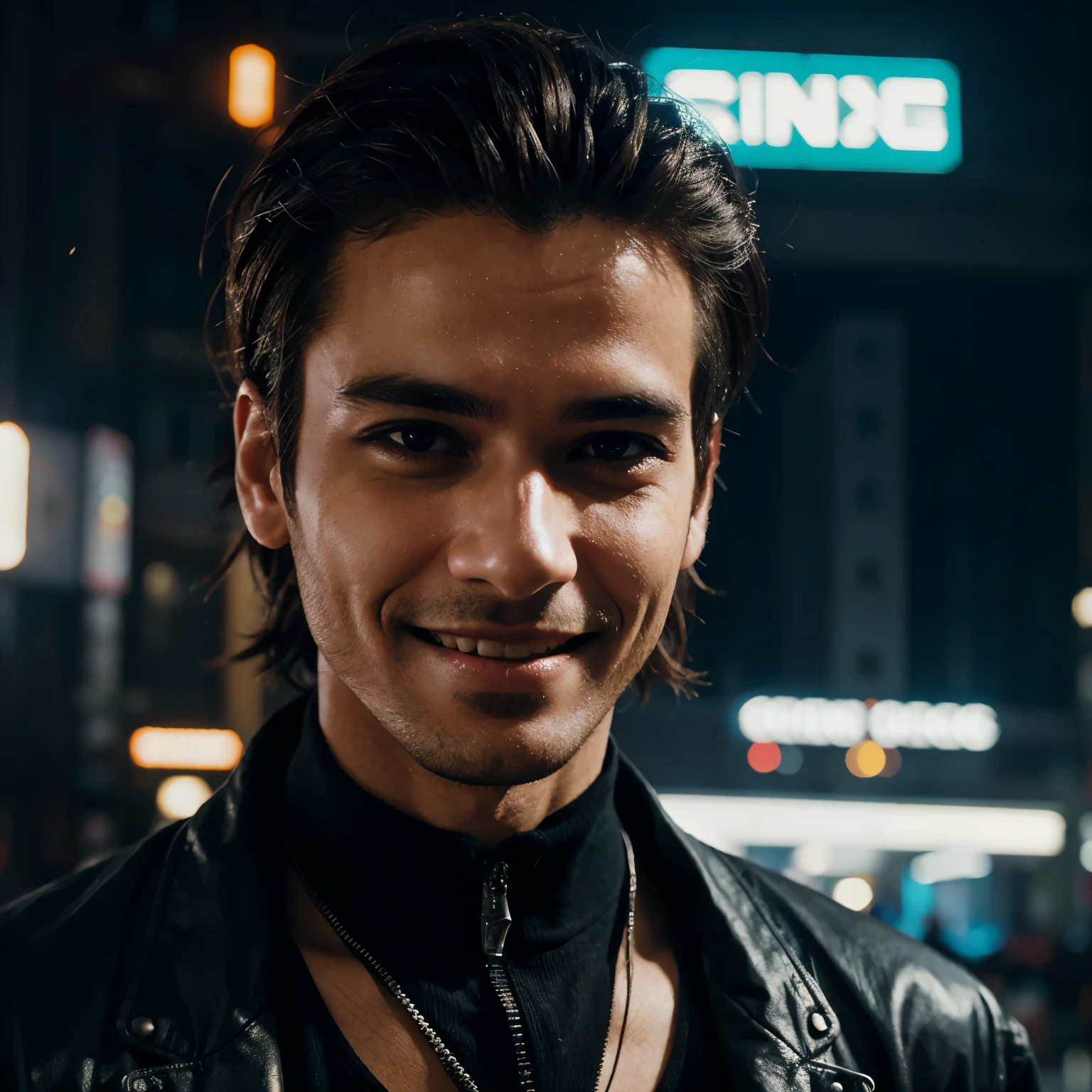 Chenge background cyberpunk Simple man in haven smile reallistic