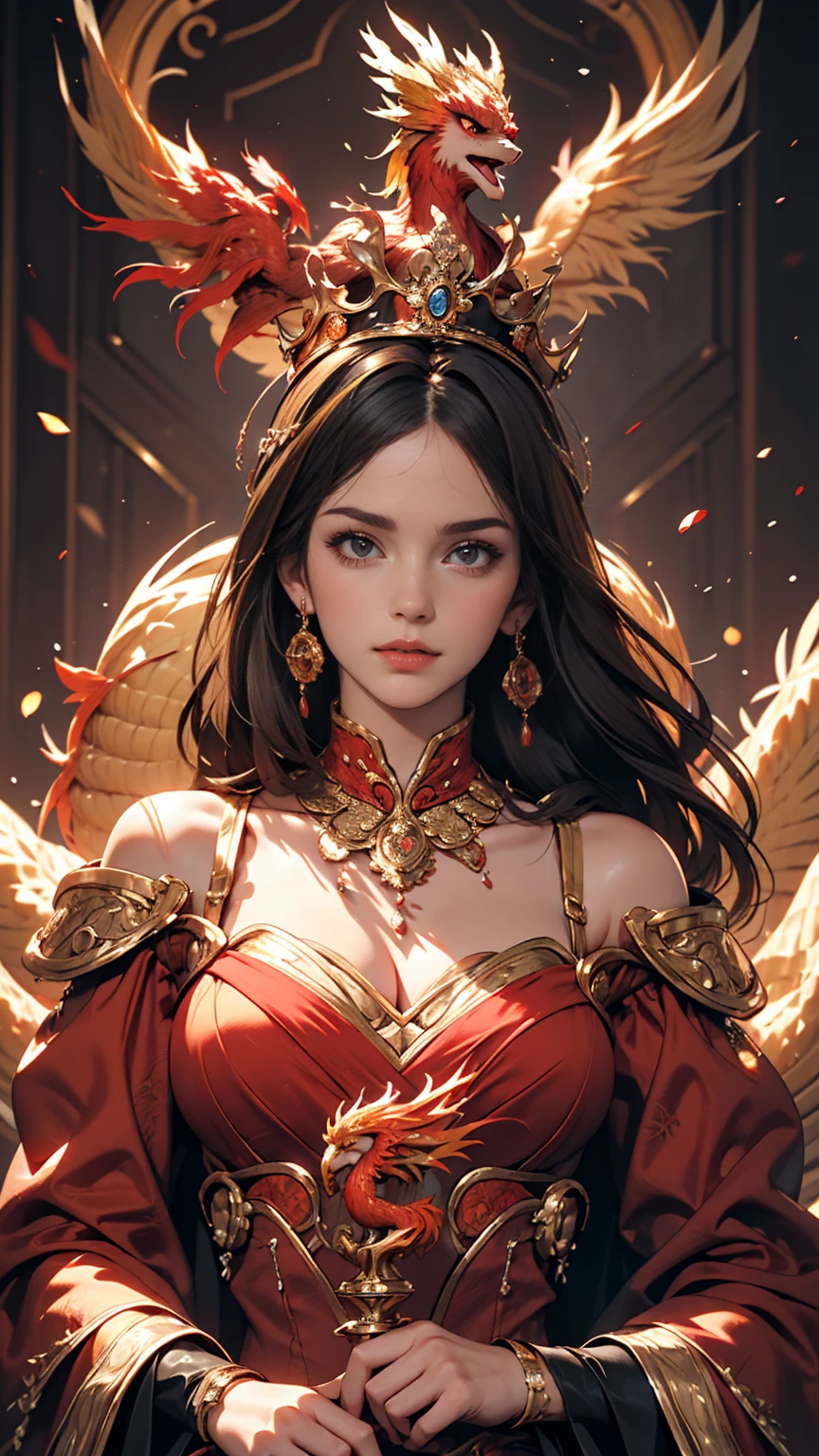 1 heroine, one beautiful princess, In the Dark: 1.6), Surreal Female Portraits by David Hockney and Alphonse Mucha, Fantasy art, Korean Doll, Photorealism, Dynamic Lighting, Art Station, Poster, Volumetric lighting, Highly detailed face, 8k Ultra, whole body, Awards, In the Dark, Deep Shadow, Modest, Cowboy Lens, (Red Phoenix Dress: 1.4), Long Hair, Black Hair, bust, Luxury palace, Royal Style, Princess Crown, Big round black eyes, Style Royal, The most beautiful face, Large and normal breasts, Ultra-realistic,