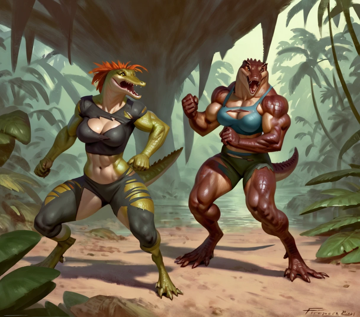 anthro male muscular man and woman morphing into anthro alligators, male, female, by taran fiddler, duo, jungle, , expressive, dynamic, attractive, power stance, torn clothes, pain