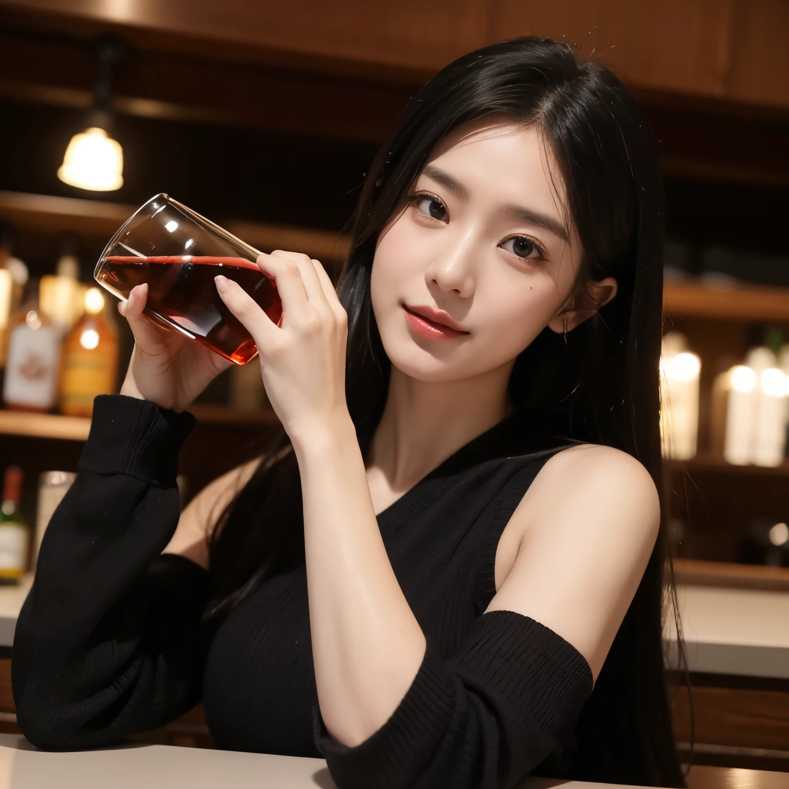 Drinking wine at the bar、Wearing a black dresature woman in her late 20s、Long Black Hair