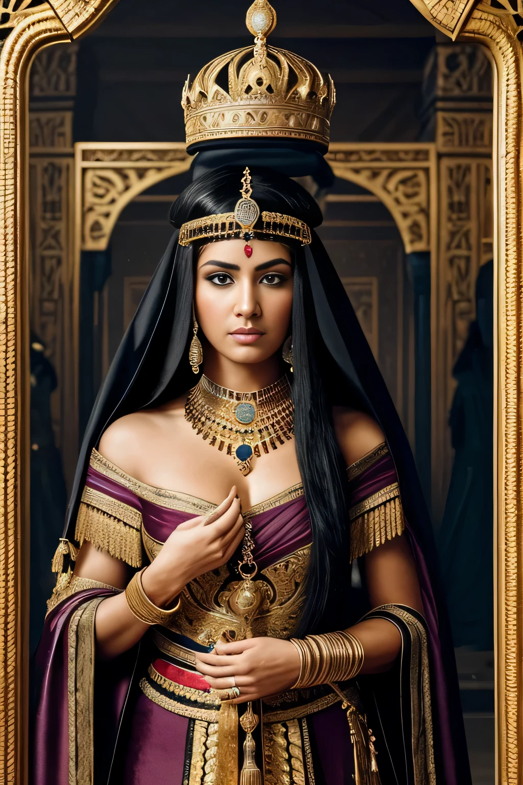 Cleopatra, the magnificent queen with her raven-black hair and intense azure eyes, stood before an opulent backdrop of golden furnishings and vibrant Egyptian tapestries. In her hand, she cradled the methuselah asp, its hooded head poised and ready to strike. A sense of mournful resignation weighed heavy upon her regal features, her expressive brows furrowing with sorrow as she gazed at the cruel instrument that would soon end her earthly existence. Her royal attire, dripping with precious jewels and elegant fabrics, belied the tragic fate that awaited her. The once mighty queen, who had ruled with unyielding