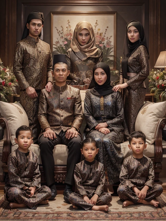 Photorealistic 8k resolution Ultra-realistic illustration of the full body of an Thailand husband and wife aged around 50 years with clean faces sitting on a luxurious sofa flanked by their son and daughter aged 35 years, some sitting on the ground are three sons aged 15 years, aged 13 years and 7 years old, all men wear black songkok, all women wear hijabs, dress to match with a striking dark brown batik motif, with a background of a large frame depicting roses attached to the wall, photo slightly tilted to the side, visible face, atmosphere night, minimal lighting, sunset light. ultra HD, real photo, very detailed, very sharp, 18mm lens, realistic, photography, leica camera, photo