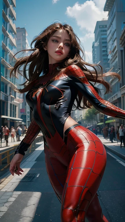 (masterpiece, best quality:1.2), 1girl, solo Beautiful woman,detailed,defined body,spider man cosplay,small breasts,beautiful detailed eyes,beautiful detailed lips,extremely detailed eyes and face,longeyelashes,(best quality,4k,8k,highres,masterpiece:1.2),ultra-detailed,(realistic,photorealistic,photo-realistic:1.37),vivid colors,HDR,studio lighting,physically-based rendering,extreme detail description,professional,portraits,spiderman costume,shiny texture,fitting tightly,subtle muscles,feminine figure,confident expression,sharp focus,luxurious long hair,striking beauty,attention-grabbing appearance,perfect makeup,tiny waist,stylish pose,playful attitude,breathtaking background,lively atmosphere,cityscape view,web-like patterns,superhero-inspired composition,bold contrast,emphasis on curves,expressive eyes,subtle smile,luminous glow,graceful movements,artistic interpretation,colorful palette,exquisite persona,impressive realism,aesthetic excellence,artistic flair.