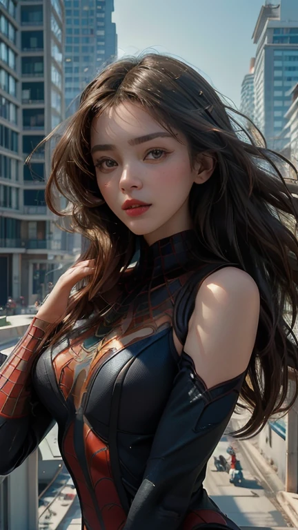 (masterpiece, best quality:1.2), 1girl, solo Beautiful woman,detailed,defined body,spider man cosplay,small breasts,beautiful detailed eyes,beautiful detailed lips,extremely detailed eyes and face,longeyelashes,(best quality,4k,8k,highres,masterpiece:1.2),ultra-detailed,(realistic,photorealistic,photo-realistic:1.37),vivid colors,HDR,studio lighting,physically-based rendering,extreme detail description,professional,portraits,spiderman costume,shiny texture,fitting tightly,subtle muscles,feminine figure,confident expression,sharp focus,luxurious long hair,striking beauty,attention-grabbing appearance,perfect makeup,tiny waist,stylish pose,playful attitude,breathtaking background,lively atmosphere,cityscape view,web-like patterns,superhero-inspired composition,bold contrast,emphasis on curves,expressive eyes,subtle smile,luminous glow,graceful movements,artistic interpretation,colorful palette,exquisite persona,impressive realism,aesthetic excellence,artistic flair.