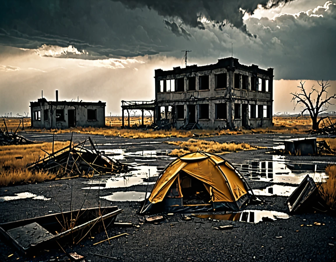 (best quality,4k,8k,highres,masterpiece:1.2),ultra-detailed,(realistic,photorealistic,photo-realistic:1.37),desolate post-apocalyptic landscape,[wasteland],barren world,ruined civilization,overgrown with weeds,dilapidated buildings,decaying ruins,abandoned vehicles,rusty metal structures,severely polluted sky,dark and ominous atmosphere,ominous storm clouds looming,ashen ground covered in debris,distant radioactive glow,gloomy and desolate ambience,harsh survival conditions,post-disaster desolation,apocalyptic aftermath,traces of human presence,boarded-up windows,tattered flags fluttering,radiation warning signs,crumbling infrastructure,dark figures wandering,haunting loneliness,dystopian future,sense of finality and despair,lost hope,ominous stillness,haunting echoes of the past,forsaken reality,overwhelming sense of desolation,remnants of a once-thriving society,bleakness and desolation,piercing silence,devastated nature,scarred landscape,weeds breaking through the cracked asphalt,windswept plains,abandoned and decaying landmarks,faint glimmers of hope amidst ruin,muted color palette,desaturated tones,dramatic lighting,subtle hues of gray,contrasting shadows,ominous red glow,subdued and muted colors,heavy fog creeping in from the distance,dimly lit remnants of life,a solitary figure walking through the desolation,seeking a new beginning.