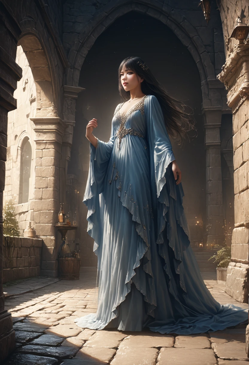 (Full moon night、A black-haired girl walks in the castle courtyard), (highest quality, 4K, High resolution, masterpiece:1.2), Very detailed, (Realistic, photoRealistic:1.37), High resolution, (crimson, blue) Color Palette, (soft, kind) Lighting, (oil, dream-like) Moderate, The moonlight is reflected finely on the cobblestone ground., Intricate architectural details of the city walls, (Flowing, Ethereal) gown swaying in the wind, (Mysterious, Fascinating) atmosphere, (subtle, delicate) shadow cast by the moon, (whisper, Buzz) ancient tree leaves, (silhouette, Towering) A spire stretching towards the night sky, Twinkling stars illuminate the scene, Occasionally I hear an owl hoot、quiet night sounds.