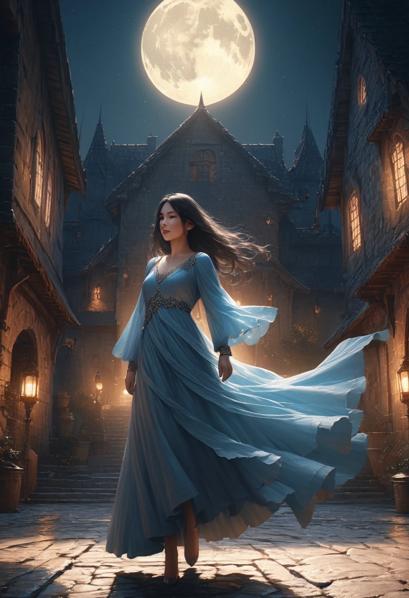 (Full moon night、A black-haired girl walks in the castle courtyard), (highest quality, 4K, High resolution, masterpiece:1.2), Very detailed, (Realistic, photoRealistic:1.37), High resolution, (crimson, blue) Color Palette, (soft, kind) Lighting, (oil, dream-like) Moderate, The moonlight is reflected finely on the cobblestone ground., Intricate architectural details of the city walls, (Flowing, Ethereal) gown swaying in the wind, (Mysterious, Fascinating) atmosphere, (subtle, delicate) shadow cast by the moon, (whisper, Buzz) ancient tree leaves, (silhouette, Towering) A spire stretching towards the night sky, Twinkling stars illuminate the scene, Occasionally I hear an owl hoot、quiet night sounds.