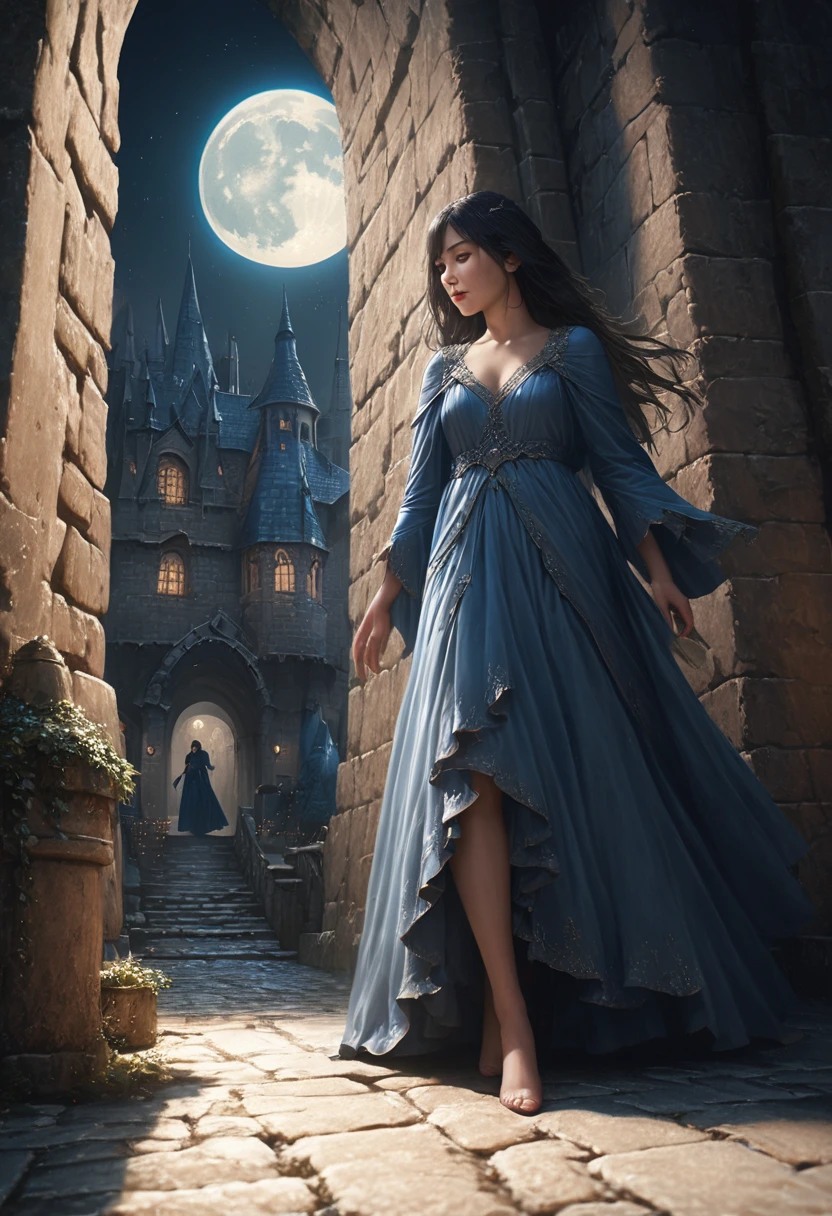 (Full moon night、A black-haired girl walks in the castle courtyard), (highest quality, 4K, High resolution, masterpiece:1.2), Very detailed, (Realistic, photoRealistic:1.37), High resolution, (crimson, blue) Color Palette, (soft, kind) Lighting, (oil, dream-like) Moderate, The moonlight is reflected finely on the cobblestone ground., Intricate architectural details of the city walls, (Flowing, Ethereal) gown swaying in the wind, (Mysterious, Fascinating) atmosphere, (subtle, delicate) shadow cast by the moon, (whisper, Buzz) ancient tree leaves, (silhouette, Towering) A spire stretching towards the night sky, Twinkling stars illuminate the scene, Occasionally I hear an owl hoot、quiet night sounds.