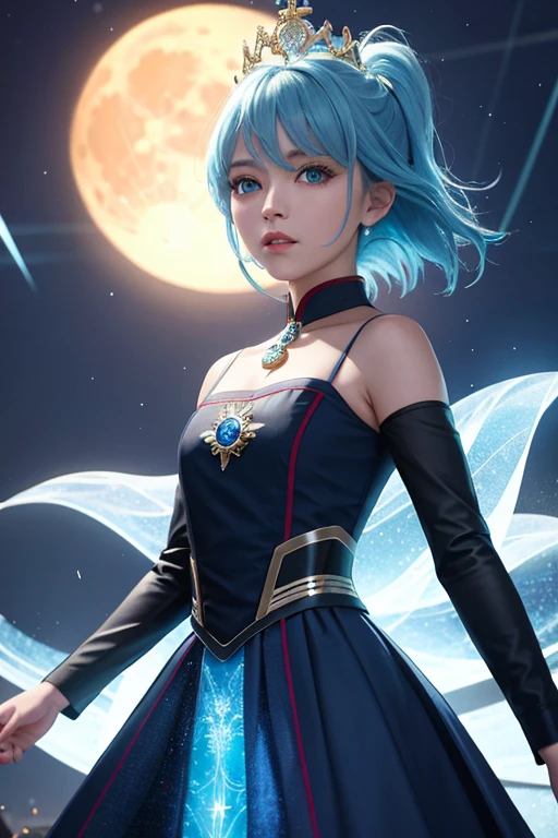 a night, ((1 girl)), Single, Masterpiece, 8k wallpaper, High accuracy, Absurdities, High quality background, short hair, Black hair, Multicolored hair, Beautiful frozen village, (Bright full moon), Blue dress, Bespoke dress, Jewelry dress, (magic:1.2), blue fire, Blue eyes, Glowing eyes, fire, Ice goddess, (Beautiful blue detailed crown), electricity, blue electricity, Blue light particles