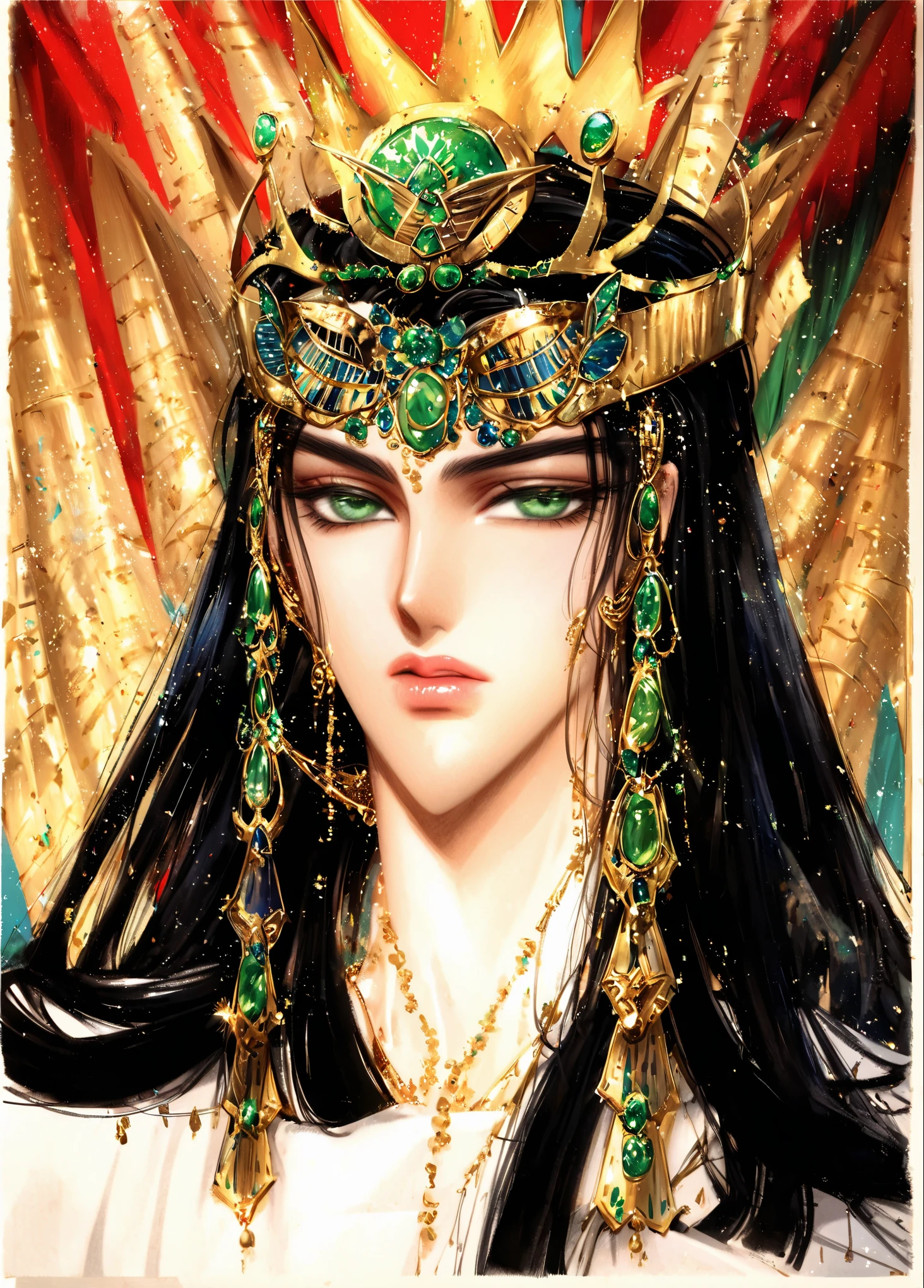 Close-up of a man with a golden headdress and green eyes, ((a beautiful fantasy Queen)), a beautiful fantasy Queen, beautiful androgynous prince, Male God. extremely high detail, cleopatra portrait, Queen, beautiful cleopatra, portrait of a beautiful Male God, ( ( Artificial Intelligence Art God King ) ), wearing an Egyptian crown, beautiful Male God, Egyptian