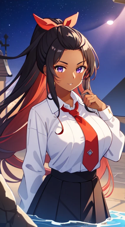 masterpiece, best quality, anime Illustration, 4k, 1 girl, solo, standing, long hair, black hair, violet eyes, high ponytail, red hair ribbon, red ribbon, white collar shirt, tie, suit and tie, big breasts, huge breasts, exposed breasts, looking_at_viewer, lewd, mischievous grin, upper_body, dark skin, ((Village background:1.0)), ((dark skin: 1.5)), , ((parted bangs: 1.4)),  parted bangs, large forehead, purple eyes, athletic, slightly muscular 