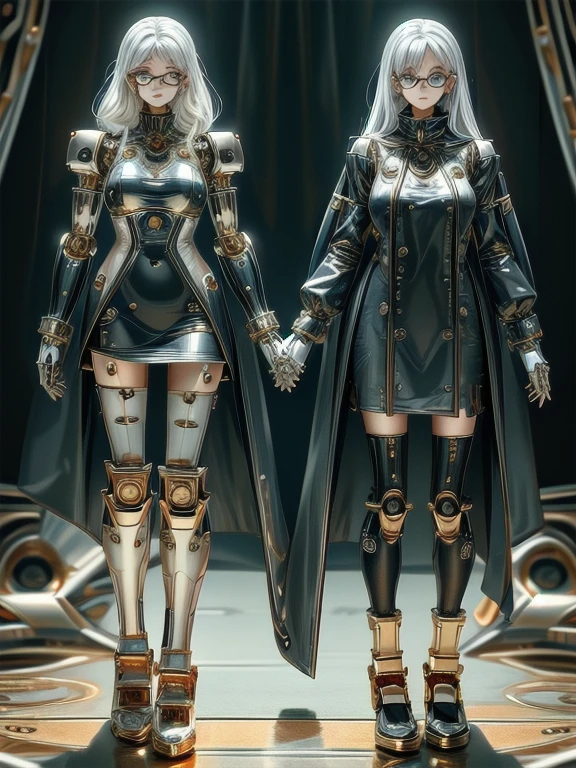 5 8K UHD,
 two beautiful robot women with internal skeletons in silver metallic bespectacled bodies kneeling,
 gold and silver metal robot with transparent body,
 their face is a beautiful human face,
 full body shot.