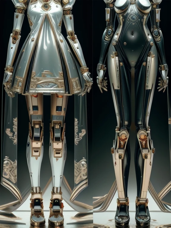 5 8K UHD,
 two beautiful robot women with internal skeletons in silver metallic bespectacled bodies kneeling,
 gold and silver metal robot with transparent body,
 their face is a beautiful human face,
 full body shot.