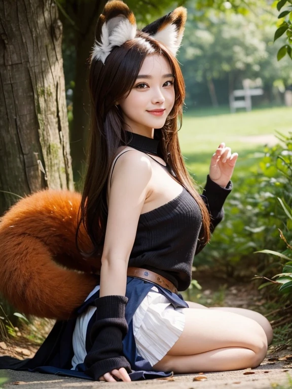 ((highest quality, 32k)), ((masterpiece)), (familiar), Perfect Face, Fox woman, Beautiful woman, public, Has a tail, She has a fluffy tail, She has a red panda's tail, She wags her tail, smile, bell collar, She is wearing a skirt, Beautiful Hips, Big tail, A tail protrudes from under her skirt, Get on all fours and turn around