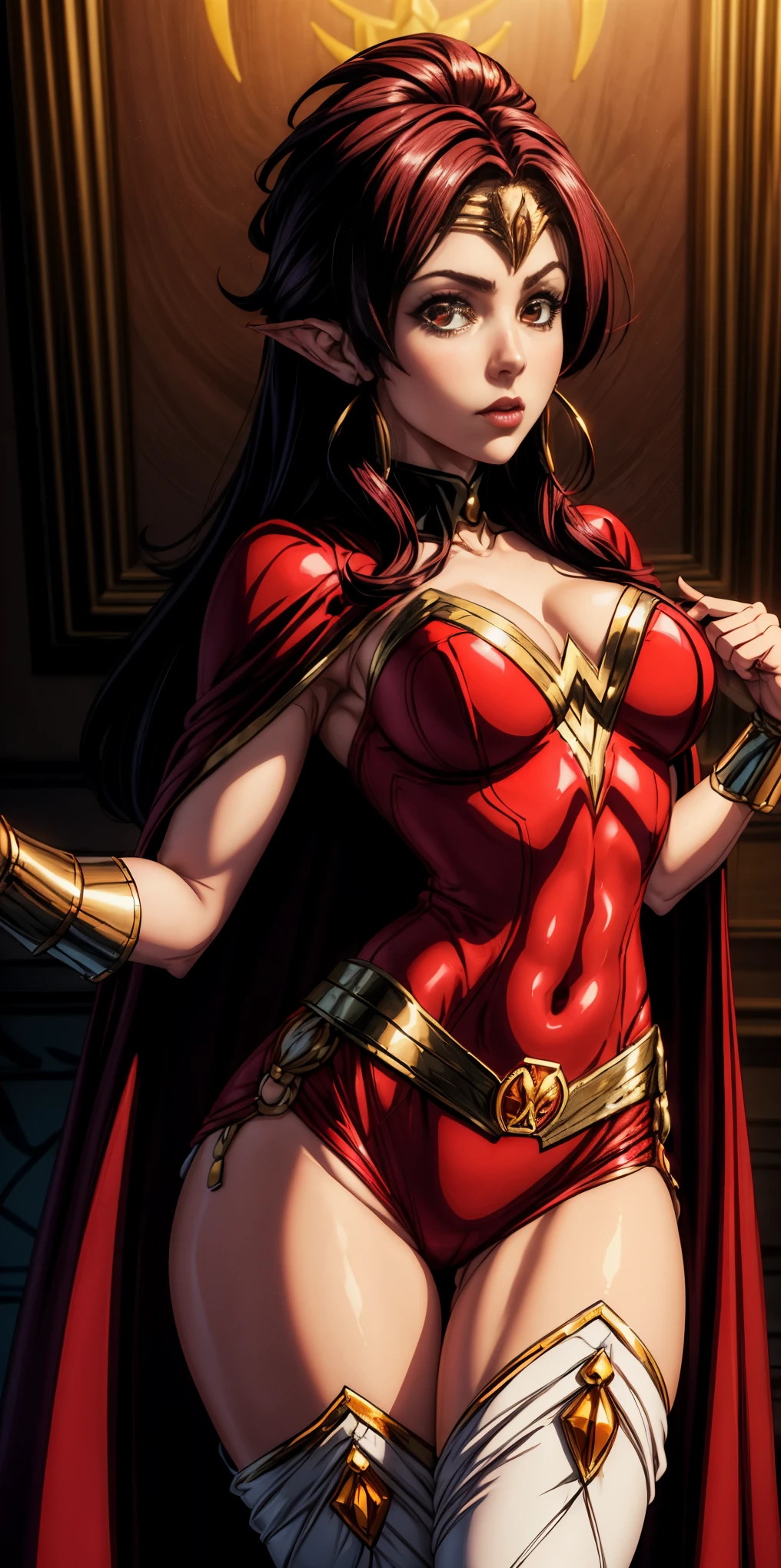 a woman in a red and gold costume posing for a picture, bright red cape on her back, faye valentine, amouranth as a super villain, cory chase as an atlantean, she-ra, she - ra, dressed as wonder woman, cinematic goddess body shot, ornate cosplay, close up half body shot, portrait of modern darna, exposed thighs!!!