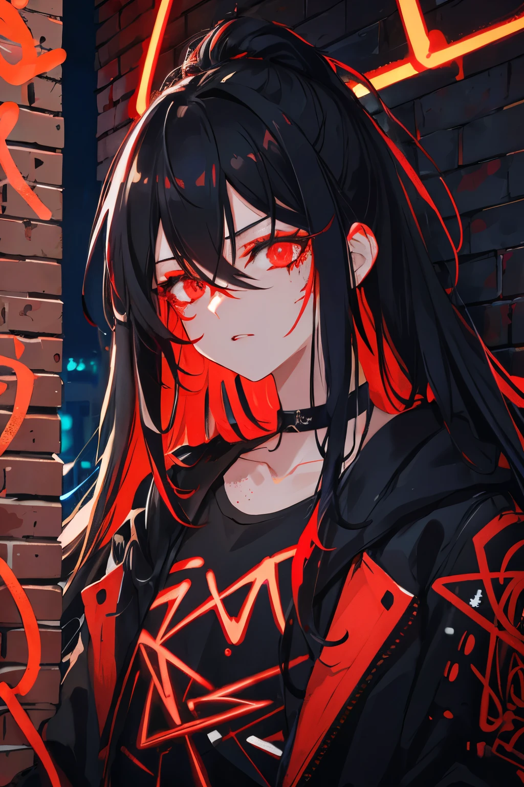best quality, intricate details, chromatic aberration, 

1girl, long hair, black hair, messy hair, red highlights, hair over one eye, red eyes, sharp eyes, 

choker, neon shirt, torn legwear, open jacket, 

against wall, brick wall, graffiti, glowing grafiti, glowing tattoos, glow, neon lights, 


blacklight,  