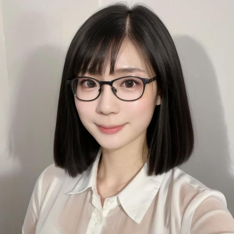 (kawaii 24year-old Japanese girl, Nogizaka idol, Korean idol), (glossy black hair, very short hair, pixie cut:1.3), (rounded face, black eyes, single eyelid, no makeup, soft smiling:1.2), (wearing glasses, silky white collared shirt unbuttoned:1.3), (flat chest, extra small breasts:0.8), (looking at viewer:1.2), BREAK, (simple white background:1.3), (view from forward, portrait, close shot:1.3), BREAK, (masterpiece, best quality, photo realistic, official art:1.4), (UHD, 8K quality wallpaper, high resolution, raw photo, golden ratio:1.2), (shiny skin), professional lighting, physically based rendering, award winning, (perfect anatomy, highly detailed skin, extremely detailed face and eyes), Carl Zeiss 85 mm F/1.4, depth of field, 1girl, solo,