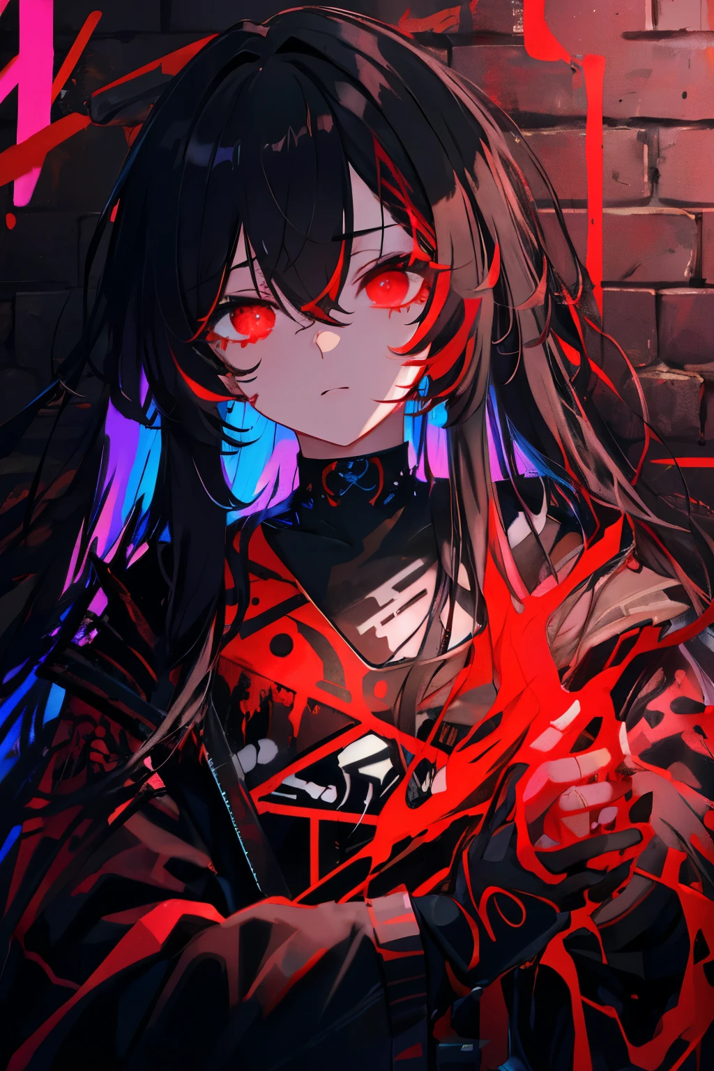 best quality, intricate details, chromatic aberration, 

1girl, long hair, black hair, messy hair, red highlights, hair over one eye, red eyes, sharp eyes, 

choker, neon shirt, torn legwear, open jacket, 

against wall, brick wall, graffiti, glowing grafiti, glowing tattoos, glow, neon lights, 


blacklight,  