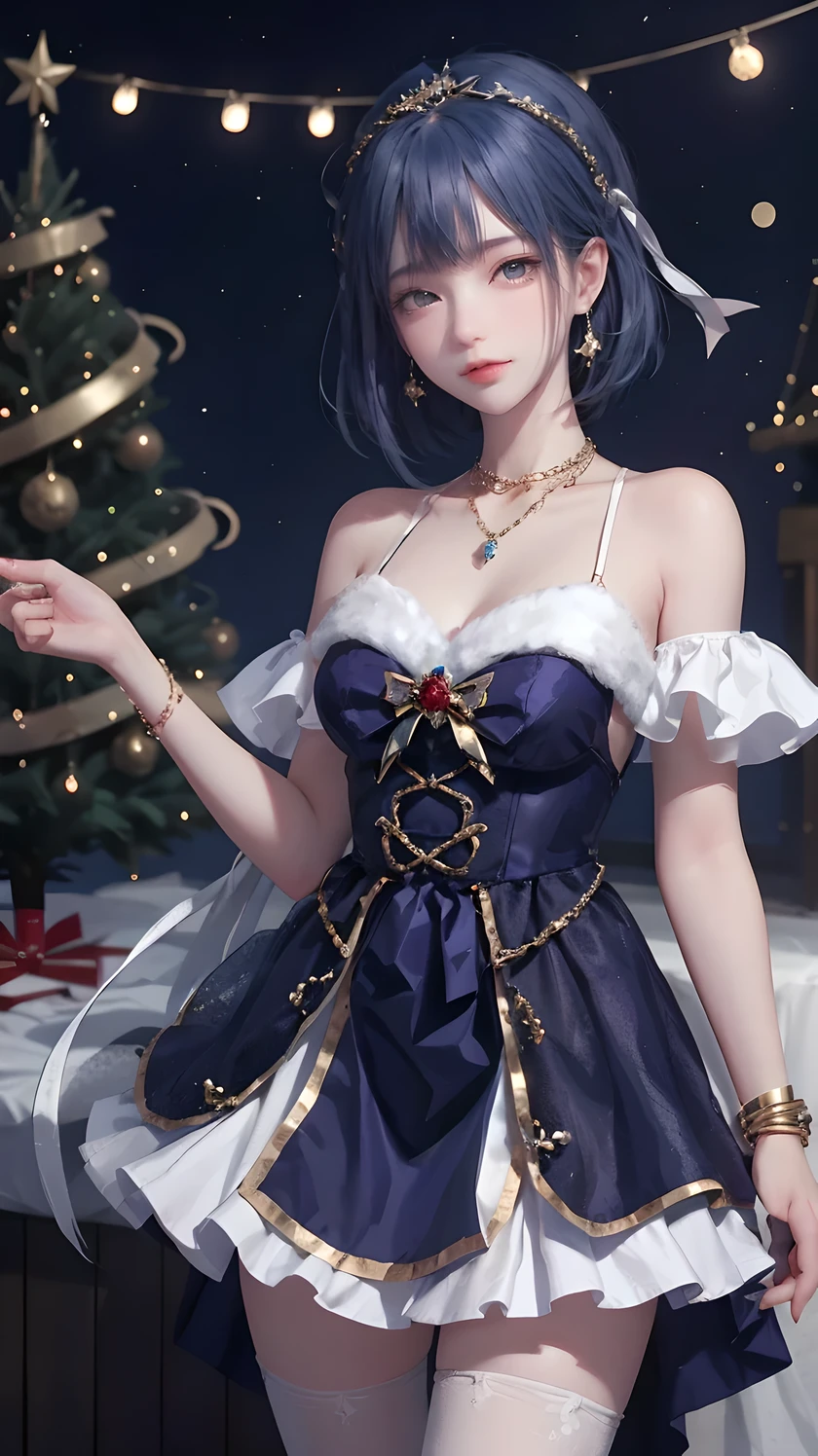 1 Girl, Bangs, Blue Hair, bow, Box, bracelet, Christmas, Christmas tree, Cowboy shooting, skirt, earrings, Fishing Net, flower, Gift, Gift Box, Hair accessories, Hamel, jewelry, Looking at the audience, Colorful hair, necklace, Pantyhose, Open your mouth, Purple Eyes, red skirt, ribbon, Rose, short hair, Smile, Solitary, High Leg Raise