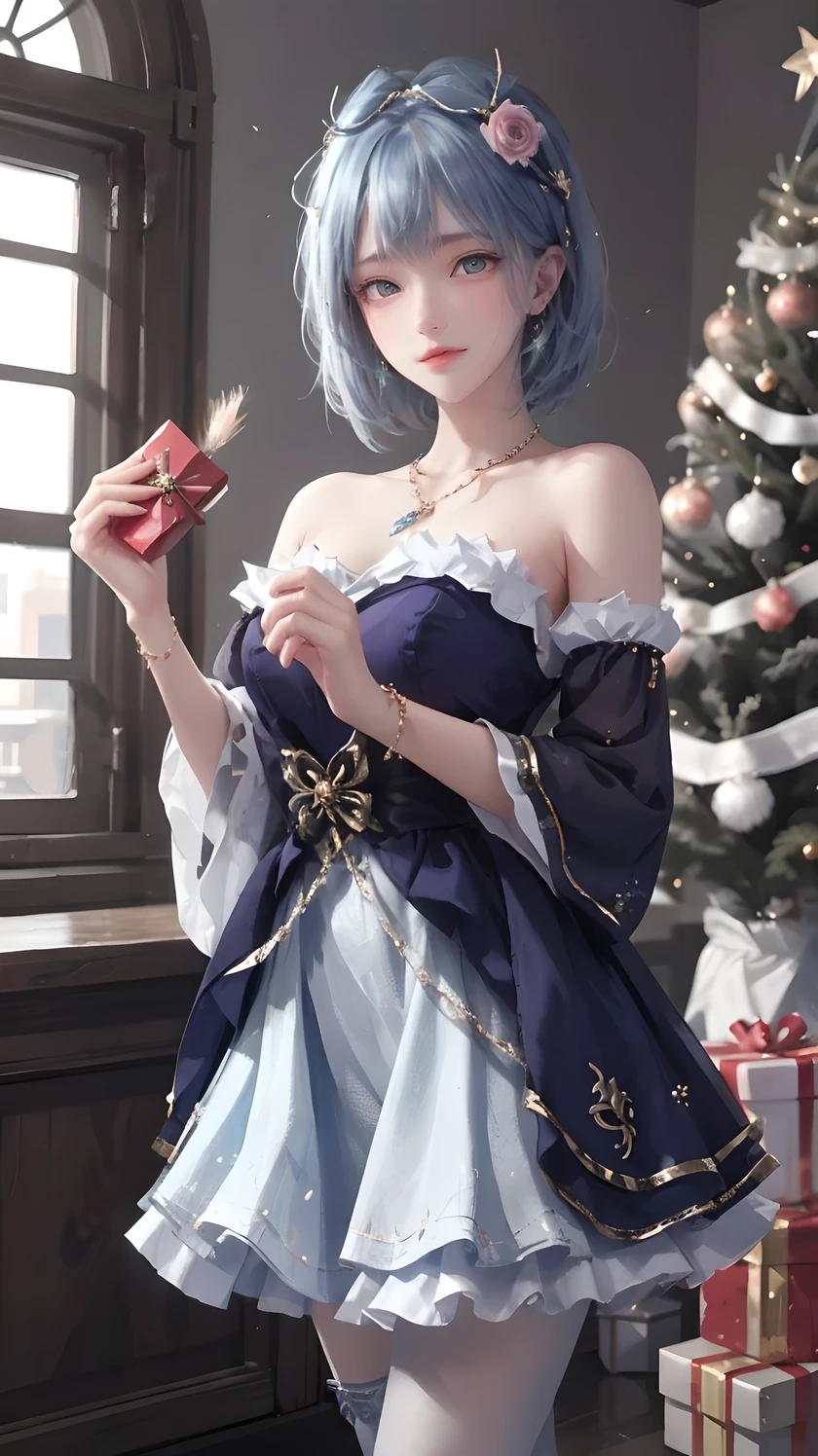 1 Girl, Bangs, Blue Hair, bow, Box, bracelet, Christmas, Christmas tree, Cowboy shooting, skirt, earrings, Fishing Net, flower, Gift, Gift Box, Hair accessories, Hamel, jewelry, Looking at the audience, Colorful hair, necklace, Pantyhose, Open your mouth, Purple Eyes, red skirt, ribbon, Rose, short hair, Smile, Solitary, High Leg Raise
