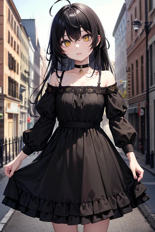 black hair,yellow eyes,(high quality eyes),masterpiece, best quality, high quality, highres, outdoors, looking at viewer, (((black dress))), Jenny,
