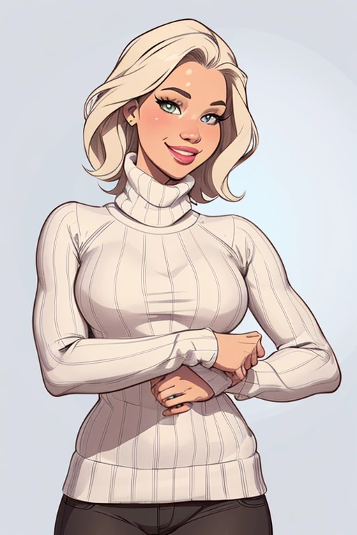 (estilo de desenho animado:1.2), cartoon style digital illustration style drawings ([Jessica Simpson|Jennifer Lawrence]), wearing a loose turtleneck sweater, Um grande sorriso, olhos perfeitos, rosto detalhado,  Fundo, pose divertida, olhar sedutor, simply white Cartoon style background digital illustration 