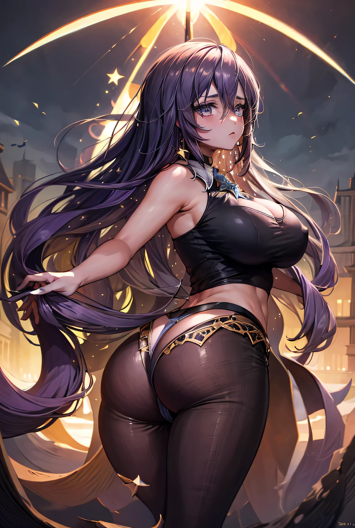 Bigboobs,long purple hair,huge ass,purple eyes,concern