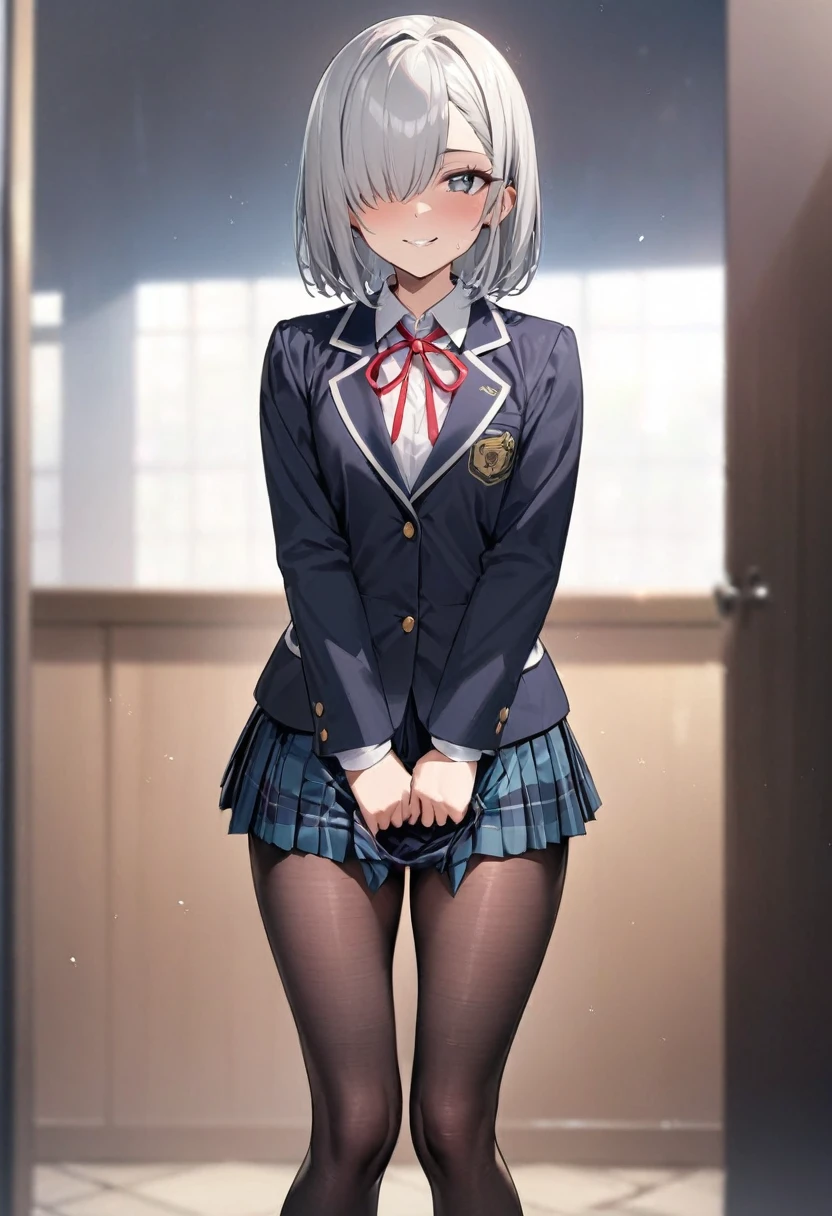 BREAK Perfect Anatomy、Highest quality、(High resolution:1.2)、Unbelievably absurd:1.3、Incredible illustrations、(Cute illustrations:1.2)、nsfw,（Beautiful background、Night Classroom）、1gial(Silver hair, blue eyes、Bobcut(child,(a girl, , height 1.3meters, 30kg),,10-year-old,flat chest、dark skin:1.5） ,（serafuku,blazer,White Silk Sexy Lingerie、garter belt）（cinematic angle,)(flat chest)water eye, Appealing pussy、( Sex preparation:1.2),（shackles,restrained、chain,),Hands above head,clothing aside,rape,pussy juice:1.2,sex toy,dildo