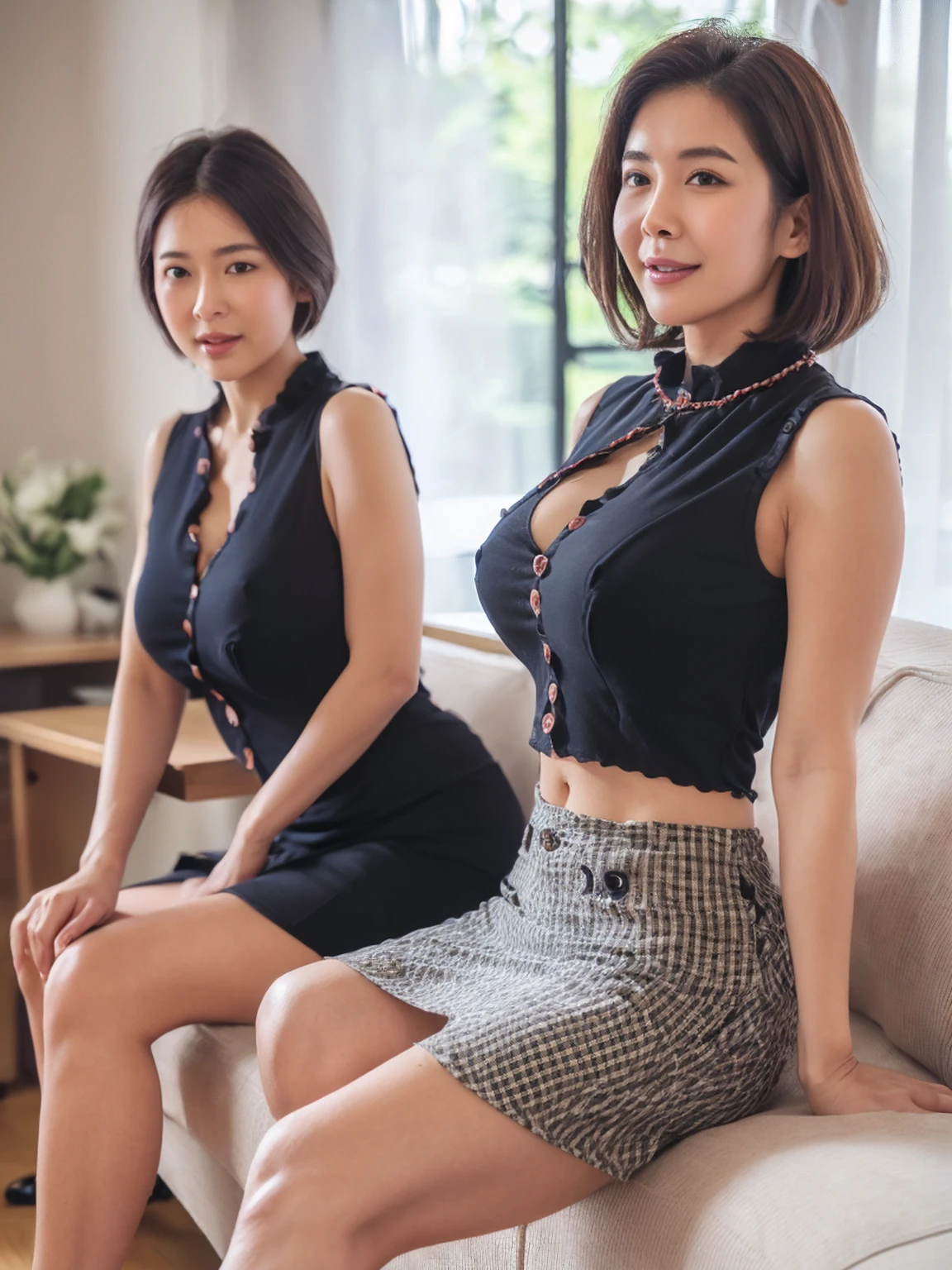 (8K,RAW Photos,highest quality,masterpiece:1.5),(Watching the audience:1.7),(Mature Woman:1.5),(A seductive look:1.7),(Black Hair),(live-action:1.5),(Realistic expression:1.5),(Big Breasts:1.5),(Narrow waist:1.5),(Thin and beautiful legs:1.5),(Slender:1.4),Showing beautiful teeth,(Two Japanese women are sitting in the living room, chatting and looking at the camera.:1.6),(Close all the buttons on your blouse:1.5),(Nobody Background 1.5),(Less exposure:1.5),(Woman in her 50s:1.5),(Short Hair:1.5),(A little cleavage is visible:1.4),(Sleeveless blouse:1.5),(The shape of her erect nipples can be seen through her blouse:1.6),(Her vagina is visible through the gap in her skirt:1.7),(Legs spread wide to the sides:1.7),(Wrinkles around the eyes:1.5),(A blouse that reveals the shape of your breasts:1.6)