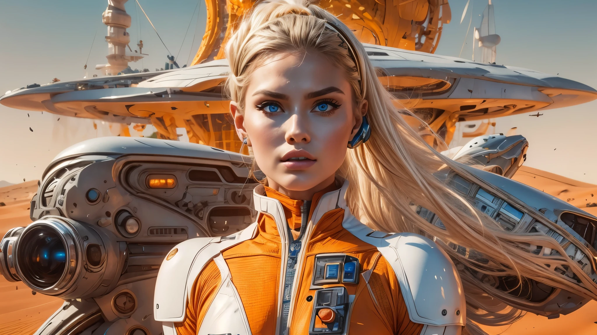 arafed image of a white woman in a futuristic suit with a spaceship in the background, movie art, in front of an orange background, inspired by Robert McGinnis, female protagonist, megastructure in the background, portrait of an ai astronaut, astronauts, an astronaut, portrait of a astronaut skeletor, perfect android girl, detailed eyes, perfectly detailed teeth, frank franzzeta and sakimichan