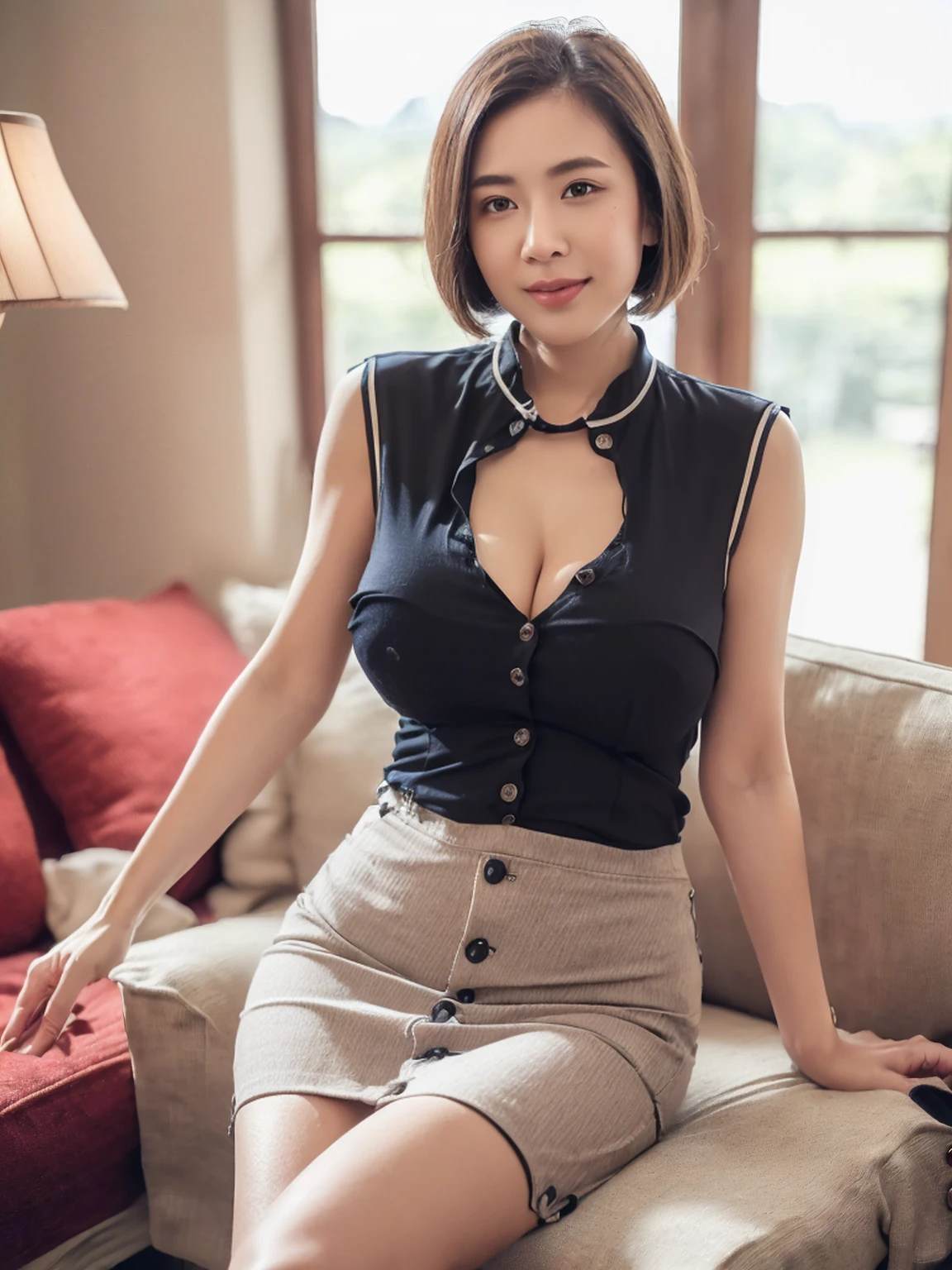 (8K,RAW Photos,highest quality,masterpiece:1.5),(Watching the audience:1.5),(Mature Woman:1.5),smile,(Black Hair),(live-action:1.5),(Realistic expression:1.5),(Big Breasts:1.5),(Narrow waist:1.5),(Thin and beautiful legs:1.5),(Slender:1.4),Showing beautiful teeth,(One Japanese woman:1.6),(Relaxing in the living room:1.5),(Close all the buttons on your blouse:1.5),(Nobody Background 1.5),(Less exposure:1.5),(Woman in her 50s:1.5),(Short Hair:1.5),(A little cleavage is visible:1.4),(Sleeveless blouse:1.5),(The shape of her erect nipples can be seen through her blouse:1.5),(Her vagina is visible through the gap in her skirt:1.5),(Legs spread wide to the sides:1.5),(Wrinkles around the eyes:1.5),(A blouse that reveals the shape of your breasts:1.5)
