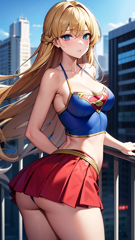 ((Best quality, Masterpiece, Nonsense)),1girll:1.9, Sexy, ( 18 years old, Expressive blue eyes, shoulder-length blonde hair, Long hair,Loose and fluffy hair),Dressed Supergirl cosplay (Super Girl Suite custom role-playing), Shortest red skirt,eechi, Terrace in 1 building, supergirl, cleavage, tiny thong, big tits,  big butt, tiny bikini like suit, sexy hero pose