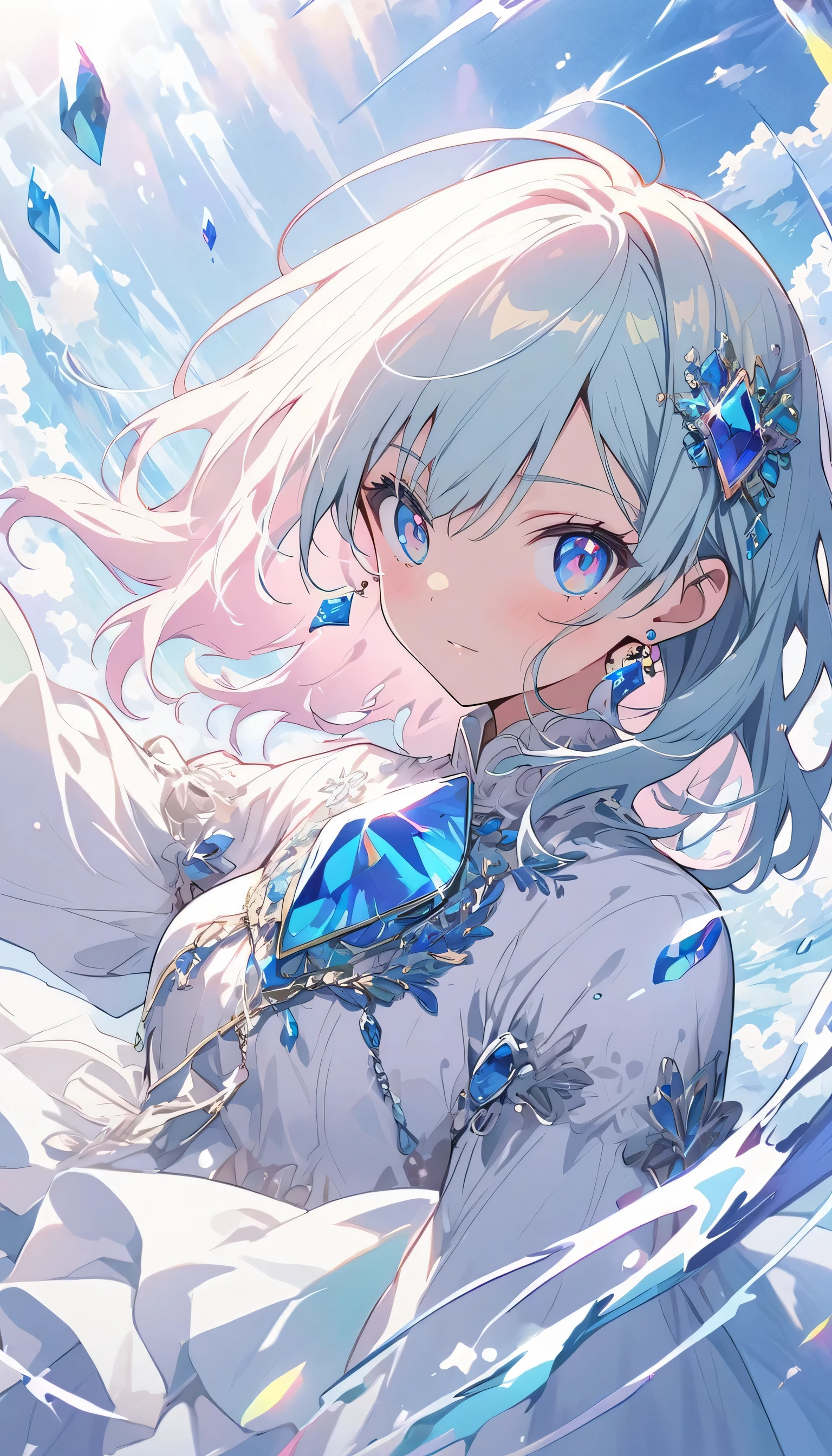 1Girl, Diamond decoration, Diamond in the rough background,(Diamond jewel), Mysterious,Beautiful gemstone background、Jewelry decoration、 BREAK,(Top Quality, Masterpiece, High Resolution, Detail), Anime Style, Flat Style,dynamic angle, (Shining Eyes, Detailed Beautiful Face), BREAK,Beautiful gemstones are scattered in the background、Fantasy、Dynamic Angle、Anime