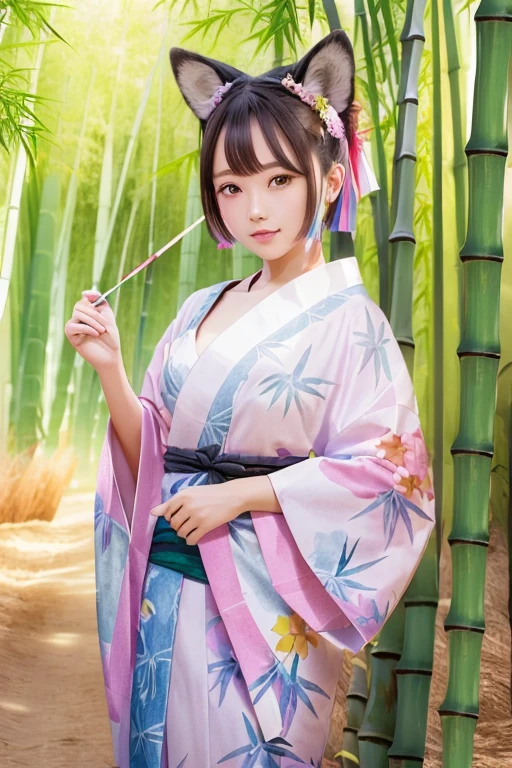 masterpiece, Highly detailed CG Unity 8k wallpaper, an extremely cute and beautiful girl, (Beautifully detailed eyes and face), break,
One girl, alone, cute, smile, Multicolored Hair, Very short hair, Animal ears, Wolf Ears, Red eyes, Cowboy Shot, (Detailed yukata), break,
Tanabata Festival, Tanabata Festival,
(Colorful pieces of paper hanging from bamboo:1.4),