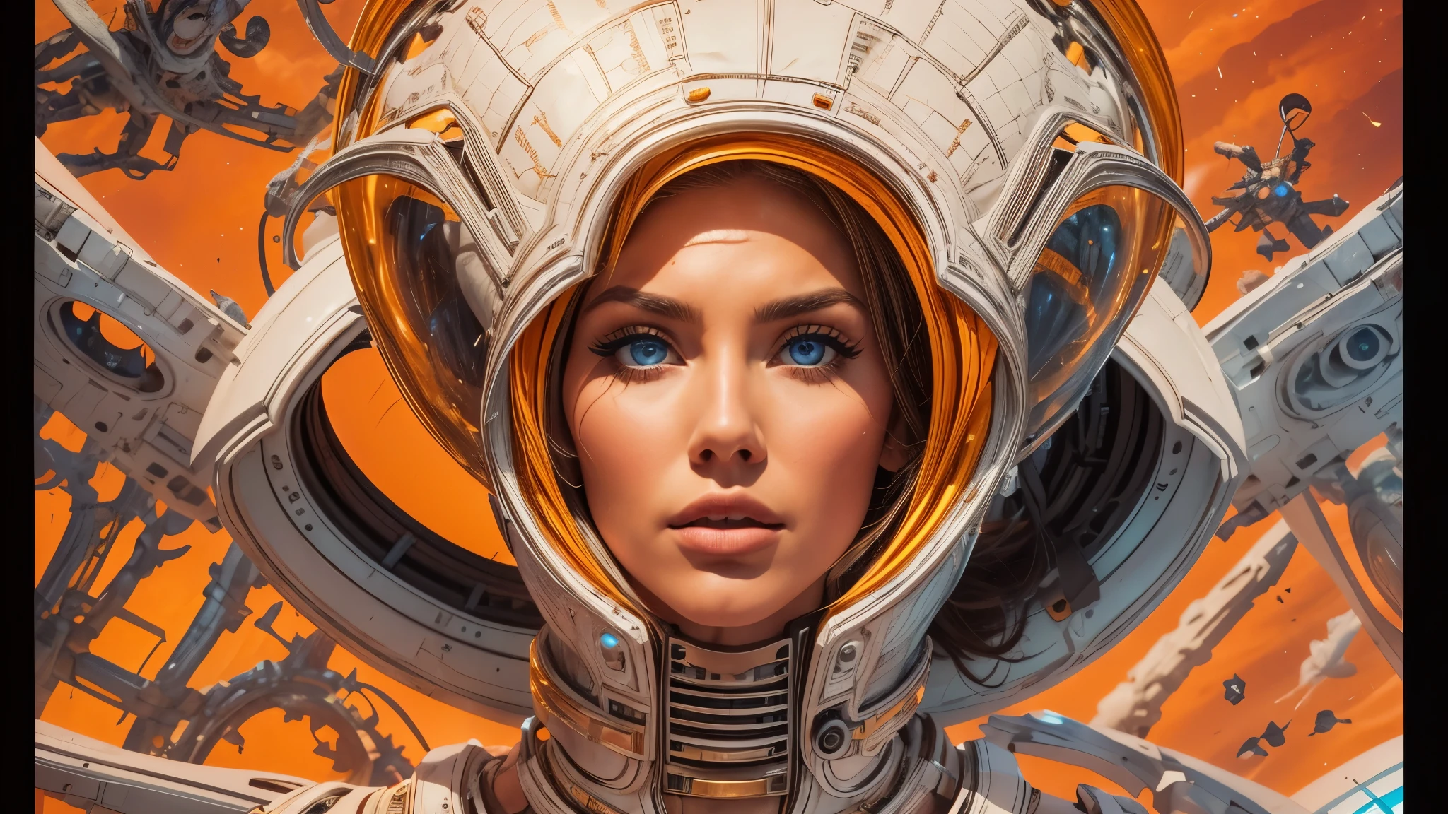 arafed image of a white woman in a futuristic suit with a spaceship in the background, movie art, in front of an orange background, inspired by Robert McGinnis, female protagonist, megastructure in the background, portrait of an ai astronaut, astronauts, an astronaut, portrait of a astronaut skeletor, perfect android girl, detailed eyes, perfectly detailed teeth, frank franzzeta and sakimichan