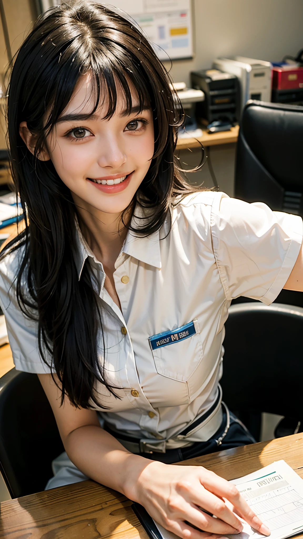 highest quality, masterpiece, Ultra-high resolution, (Realistic:1.4), (Close-up portrait) RAW Photos, 1 girl,20-year-old,((Random Workplace)),((Please wear a uniform of your occupation randomly.)),((Jet black hair)),(((Work uniform))),((Bangs short hair)),Realistic,picture media chest)),((Smiling with teeth showing)),((Big smile))