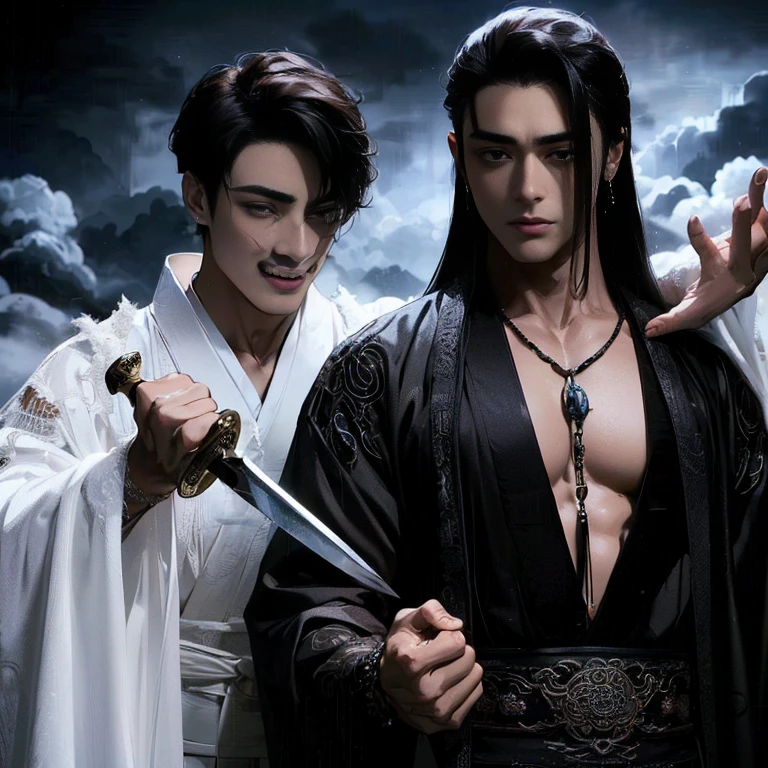 Two  handsome boys kissing, smiling at each other, catching eyes ,hugging, kissing, touching lips, cuddle, romantic,skin ship, Chinese Men God, Mythology, realistic, Chinese odyssy, super Handsome,manly,  kpop idol, handsome korean actor, 20 years old,, detailed face, manly jawline, detailed mess curly styling hair,  Topless, Muscles, big  Athlete body, Full Frame,full body shoots, Sexy, listic, human skin, tattoo breast, Pional studio Lighting, long red tibet wedding Outfit, jade and golden pendent all over , detailed jewery in dress, earings,Chinese ancient wedding Background,out door, super detailed background,look at camera ,  open mouth, sexy Underneathnderwear, tibet Warrior, Hanfu  red wedding dress,  tibet Male, tibet Nobel, Seduce , bare chest , tattoo chest, tattoo arms, tattoo hands, tattoo back, tattoo legs , detailed tattoos, big juicy butts, bare butts