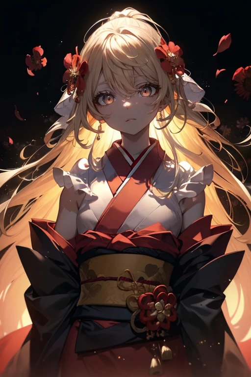 ((((Obra maestra, La mejor calidad, ultrahigh resolution)))), 1girl, standing, ((wearing a red_kimono)), long hair cut, pale skin, ((brown eyes)), (glowing_eyes, luminescent eyes), (ultra detailed eyes:0.7, beautiful and detailed face, detailed eyes:0.9), ((centered)), smile, ((wide shot)), facing viewer, (((vibrant background of outside, flowers, bright lighting, summer, sunlight))), flat chested, looking at viewer, ((perfect hands)), ((head:1, hips, elbows, arms, in view)), ((hands behind back)), beautiful lighting, defined subject, (18 years old), ((cool looking)), ((slight breeze in hair, vintage sun glare))