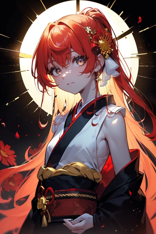 ((((Obra maestra, La mejor calidad, ultrahigh resolution)))), 1girl, standing, ((wearing a red_kimono)), long hair cut, pale skin, ((brown eyes)), (glowing_eyes, luminescent eyes), (ultra detailed eyes:0.7, beautiful and detailed face, detailed eyes:0.9), ((centered)), smile, ((wide shot)), facing viewer, (((vibrant background of outside, flowers, bright lighting, summer, sunlight))), flat chested, looking at viewer, ((perfect hands)), ((head:1, hips, elbows, arms, in view)), ((hands behind back)), beautiful lighting, defined subject, (18 years old), ((cool looking)), ((slight breeze in hair, vintage sun glare))