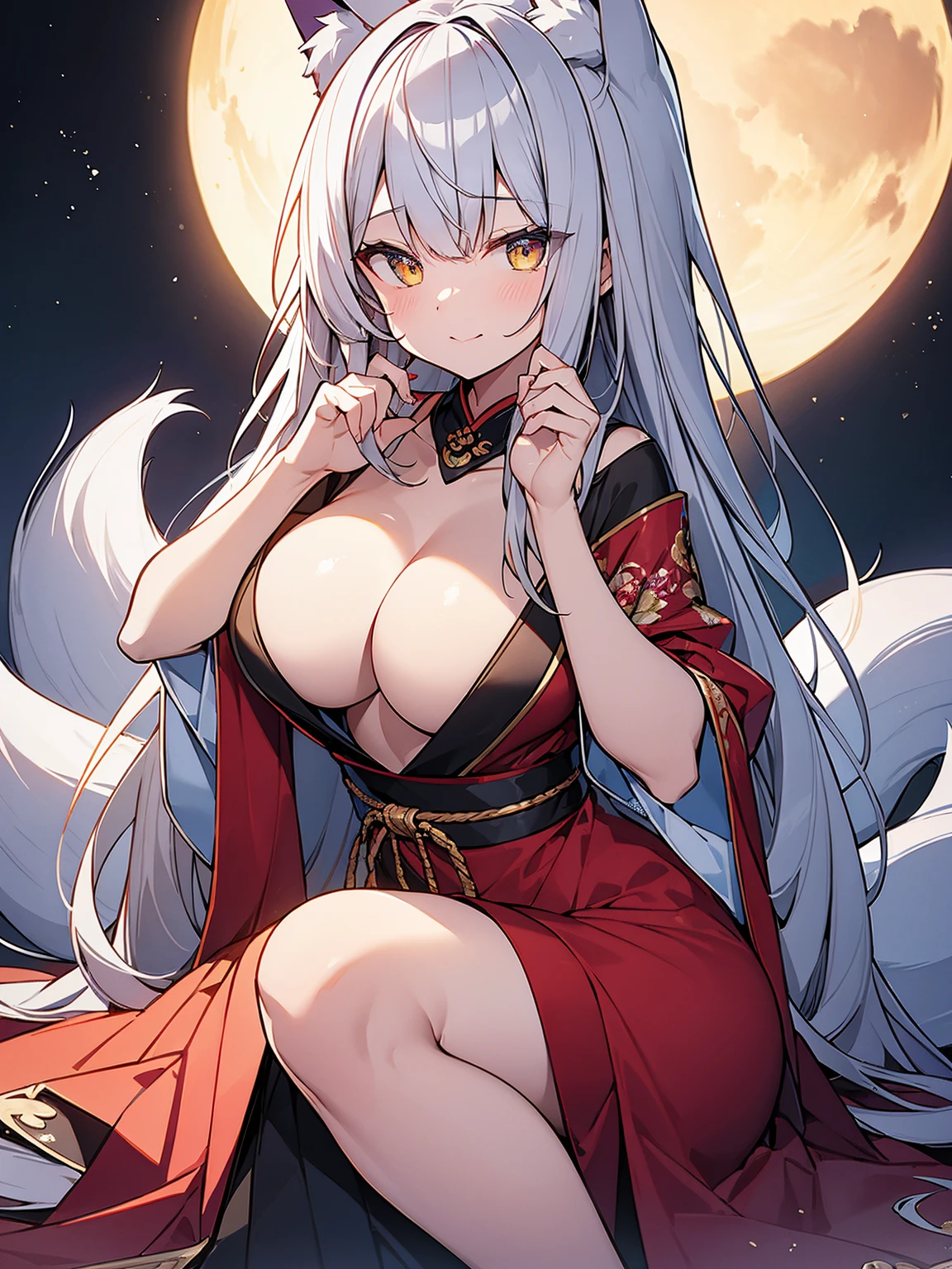 highest quality、masterpiece、4K、Gray Hair、bangs、長いGray Hair、Slanted Eyes、Purple lipstick、Glowing yellow eyes、Pale skin、nine tailed fox、Beautiful 9 white fox tails、Purple Oiran、topless、Big white fox ears、Large Breasts、Cleavage、Mouth open、Blue Flame、指先からBlue Flame、Full moon night、Full Body、High resolution、9 fox tails