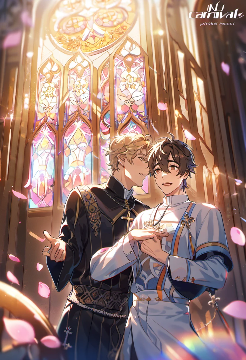 absurdres, high res, ultra detailed, HDR, master piece, best quality, perfect face, Eiden, brown hair, expressive brown eyes, Nu Carnival, Quincy, blond messy hair, expressive orange eyes, two men together, sexy gay couple, handsome, fantasy black priest robes, patterns, showing the chest, cross necklace, pink petals, church, stained glass windows