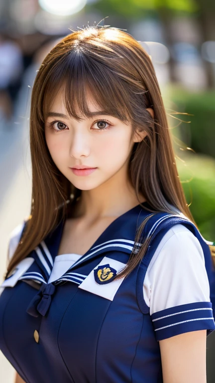 1 girl, Very bright backlight, alone, {Beautiful and detailed}, Photos in the city, Very beautiful big (Huge breasts:1.5) And a small waist ((Press the chest)) 、Big Breasts,Calm expression, Natural soft light,, Delicate features, Blunt bangs, Beautiful Japanese Girl, 18-year-old, ((Model pose)), attractive figure,(Brown Hair), Light grain, Real Hands, masterpiece, highest quality, Realistic, Very detailed, In detail, High resolution,Beautiful long hair, Perfect dynamic composition, Beautiful and beautiful eyes, Japanese Idols,((I'm nervous and embarrassed)),Sharp focus, beauty mix, (Navy blue short-sleeved sailor suit:1.3),Movie Girl