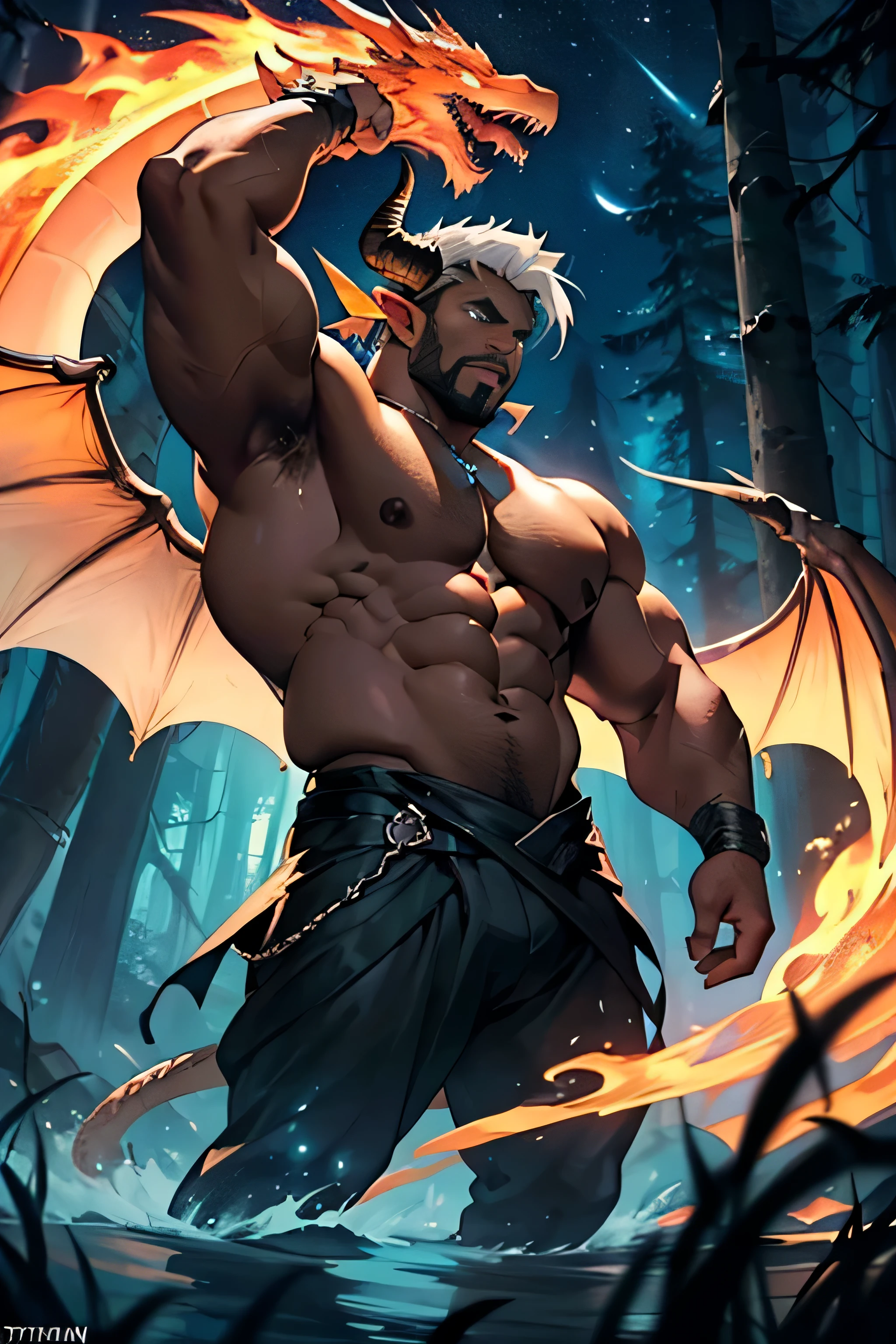 a sexy male devil with horns , naked wet , lava , hot , fire , sweating , big penis   , big boobs , viewed from below , red skin, white hair , big  , cum , chocolate