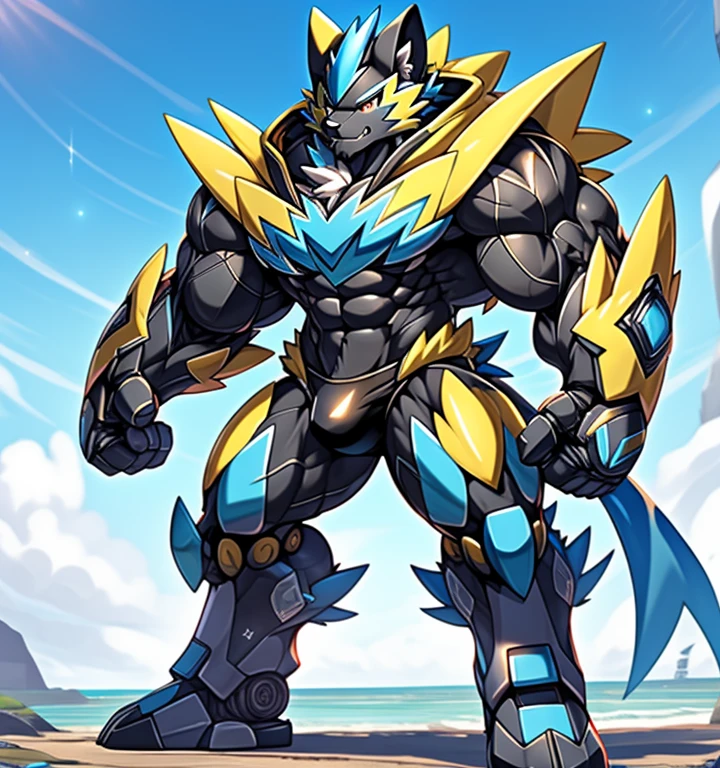 Zeraora's giant robot.
(masterpiece, best quality, detailed:1.2)
(Pokémon)
Powered exoskeleton with the same design as Zeraora
big muscle,
GIANT,
pecs, triceps, traps, waist narrow.
bulge in the crotch, wears a small black string thong that reveals huge, muscular thighs. (metallic color: jet black thong)
body full of huge muscles.
also have a cloak on my back.
The cloak is so long that it touches the ground,
showing off muscles,
mechs,
Correct limbs,
detailed full body,
Very muscular,
Large pecs,
Heavyweight,
Bodybuilder figure,
Wearing cyberpunk mecha,
big bump,
sparkling skin,
Vibrant colors, 4K,
realism,
Don't stray too far from Zeraora's design,
Furry Heroes,
Main is yellow COLOR