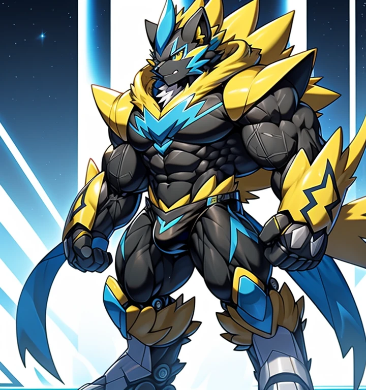 Zeraora's giant robot.
(masterpiece, best quality, detailed:1.2)
(Pokémon)
Powered exoskeleton with the same design as Zeraora
big muscle,
GIANT,
pecs, triceps, traps, waist narrow.
bulge in the crotch, wears a small black string thong that reveals huge, muscular thighs. (metallic color: jet black thong)
body full of huge muscles.
also have a cloak on my back.
The cloak is so long that it touches the ground,
showing off muscles,
mechs,
Correct limbs,
detailed full body,
Very muscular,
Large pecs,
Heavyweight,
Bodybuilder figure,
Wearing cyberpunk mecha,
big bump,
sparkling skin,
Vibrant colors, 4K,
realism,
Don't stray too far from Zeraora's design,
Furry Heroes,
Main is yellow COLOR
