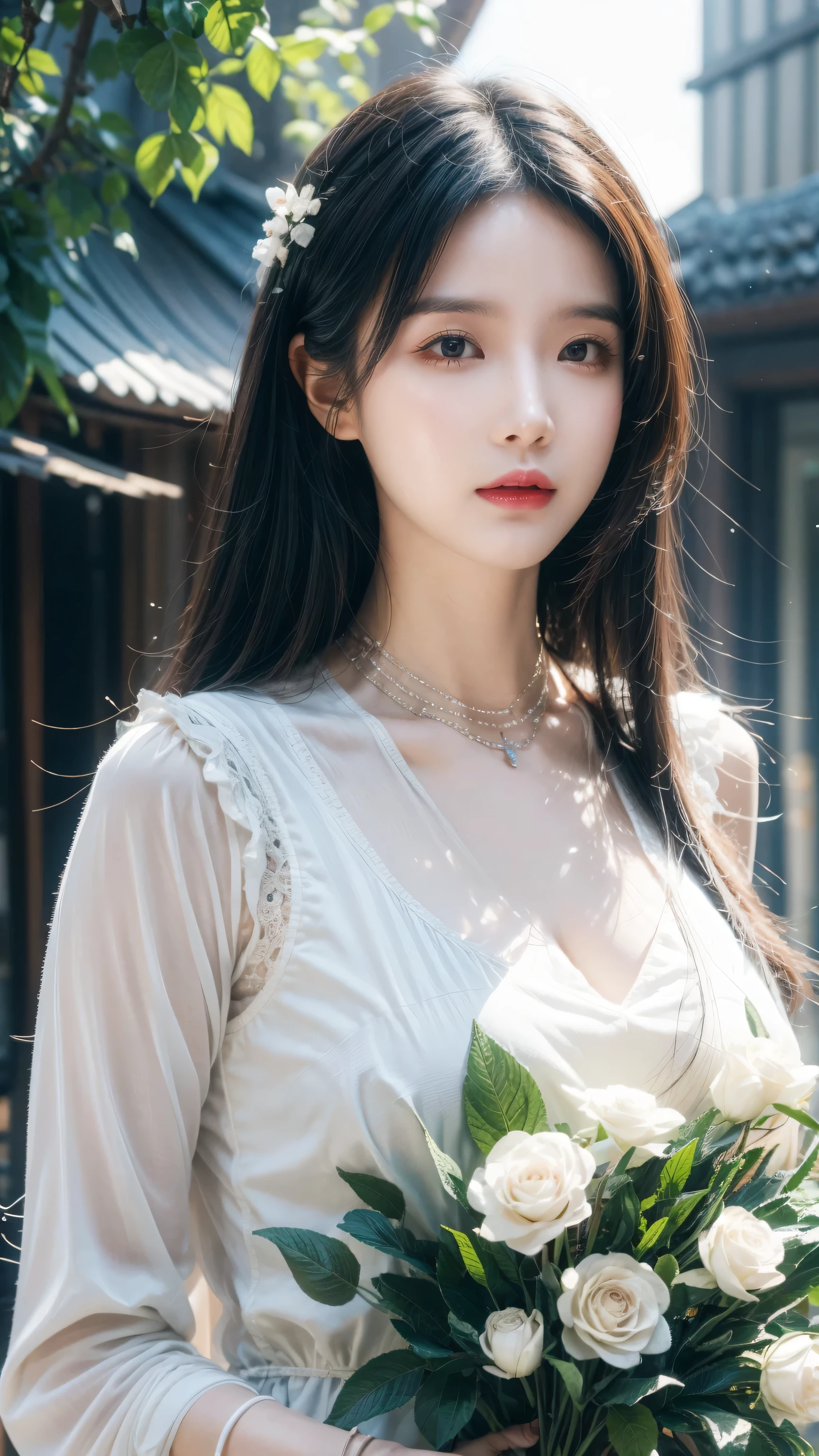 A woman dressed in a white flowing dress poses for a photo,A photograph inspired by Ma Yuanyu,Tumblr,realisitic,dilraba dilmurat,beautiful Korean women,Korean girls,cute korean actress,Beautiful Korean young woman,gorgeous korean young woman,Young and cute Korean face,Kim Young-hin,ruan jia beautiful!,Korean female fashion model