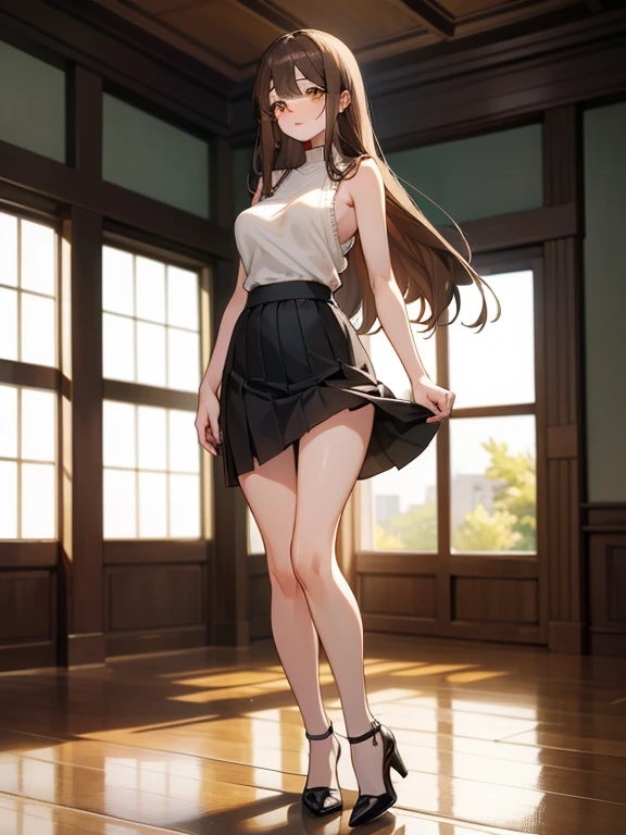 8K,(masterpiece:1.2, highest quality), Realistic, Detailed eyes,Beautiful Anime Women, (Natural lighting), NSFW:1.0, (looking at the camera), (Full Body, Front view), (Panty Shot), 1 girl, Japanese,22 years old, female teacher,Slender figure,Shapely breasts, Perfect Face, Symmetrical cute face, Glowing Skin, (Long Hair, Straight hair, Light brown hair), Asymmetrical bangs, (Golden Eyes), Long Eyelashes, (Medium breast), thin, Beautiful Hair, Beautiful Face, (Detailed and beautiful eyes), Beautiful clavicle, Beautiful body, Beautiful breasts, Slim and beautiful thighs, Beautiful feet, Beautiful fingers, Lace panties, ((Brown sleeveless high neck sweater)), ((Black tight fitting skirt)),((Business suit skirt)), (Beautiful views), evening, (School classroom), Are standing,Wearing black high heels, (Embarrassing, Upper Eye, Close your mouth)