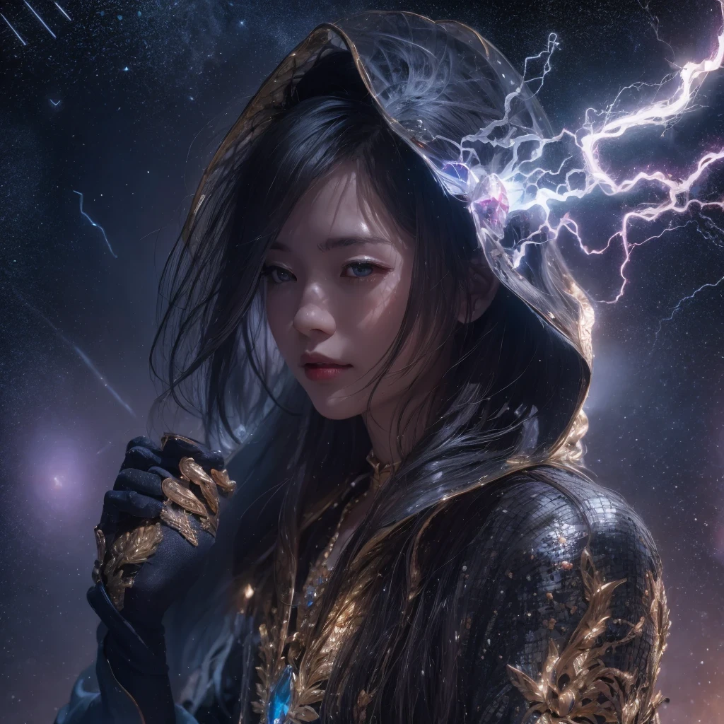 Asian fairy wearing silk hooded and glowing gloves，Lateral face，A collarless coat，Lightning hands，sunglasses，Cyberpunk smoke，（（（Boxing gloves））），（（（Side view））（Ultra-detailded）（illustration）（Detailed lighting）（（Telephoto Tilt-Shift））（nmasterpiece）（sunny day background）（Ultra-detailded）（photorealestic），（Detailed light），（（an extremely delicate and beautiful one），（（faerie）），（（lightning in hand）），Lightning surrounds the fairy，（（lightning chain）），Suspended crystals，There is lightning inside the crystal，