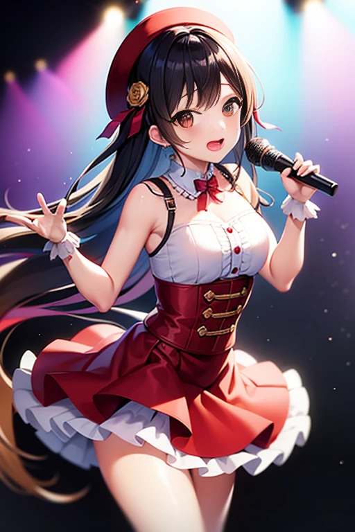 masterpiece, highest quality, High Resolution,, solo, Cowboy Shot, On Stage, Holding a microphone, Laughter, Open your mouth,Clear Face、Black Hair、Long Hair、mini skirt、White and red idol costume with frills、Idol Stage