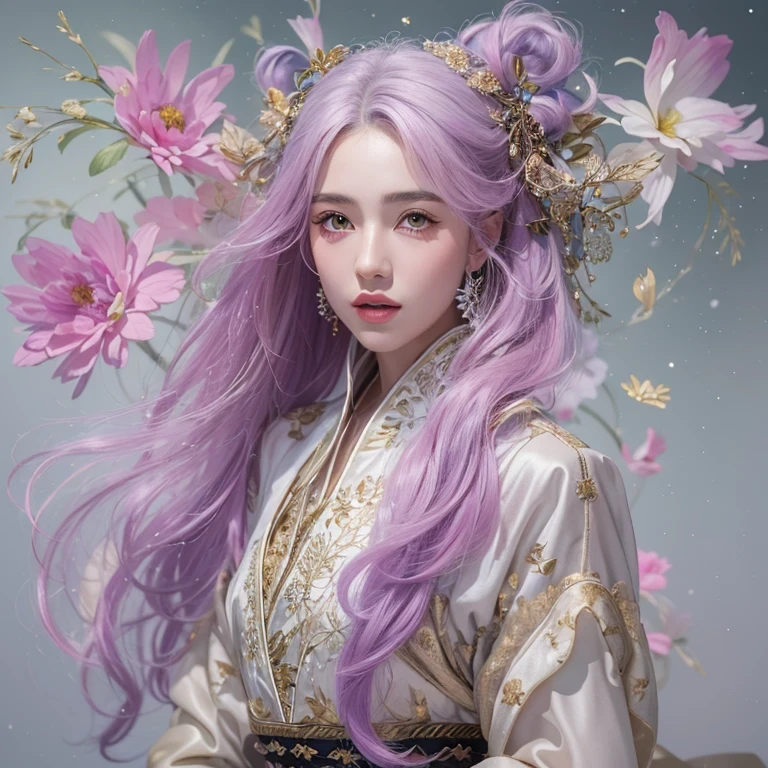 （（（Single eyelid）））Snow hoop exclusion area 32K（tmasterpiece，k hd，hyper HD，32K）Long flowing purple-pink hair，Autumn Pond，zydink， a color， Tongzhou people （Girl with glowing eyes）， （Thin silk scarf）， Side squat position， looking at the ground， long whitr hair， Floating hair， Python headdress， Chinese long-sleeved clothing， （abstract ink splash：1.2）， white backgrounid，Lotus protector（realisticlying：1.4），Purple-pink hair，Snowflakes fluttering，The background is pure， A high resolution， the detail， RAW photogr， Sharp Re， Nikon D850 Film Stock Photo by Jefferies Lee 4 Kodak Portra 400 Camera F1.6 shots, Rich colors, ultra-realistic vivid textures, Dramatic lighting, Unreal Engine Art Station Trend, cinestir 800，Long flowing purple-pink hair，((masterpiece)). This artwork is sweet, dreamy and ethereal, with soft pink watercolor hues and candy accents. Generate a delicate and demure fae exploring a (bubblegum world with a wide variety of pastel shades). Her sweet face is extremely detailed and realistic with elegant features and a fierce expression, and looks like ((((naomi scott)))). Include mature features and stunning, highly realistic eyes. Her eyes are important and should be realistic, highly detailed, and beautiful. In high definition and detail, include lots of details like stars, galaxies, colorful bubbles, colorful petals, and lots of energy and emotion! The stars and colorful bubblegum bubbles are important! Include fantasy details, enhanced details, iridescence, colorful glittering wind, and pollen. Pay special attention to her face and make sure it is beautifully and realistically detailed. The image should be dreamy and ethereal.8k, intricate, elegant, highly detailed, majestic, digital photography